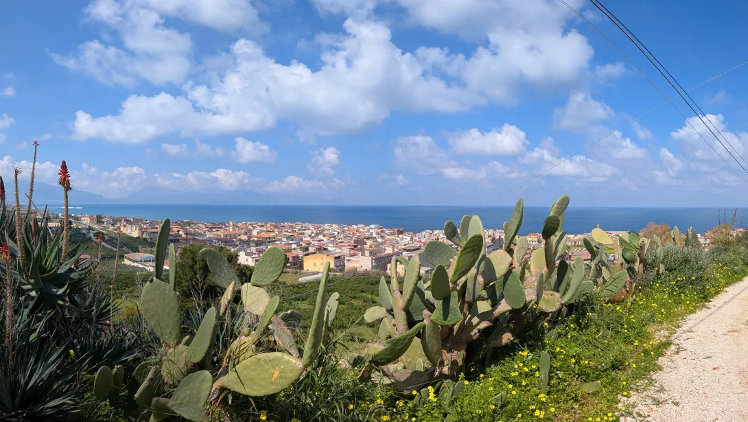 Vista del mare dal Borgo Danilo Dolci, con dei cactus davanti e la città di Trappeto nello sfondo dell'imagine.